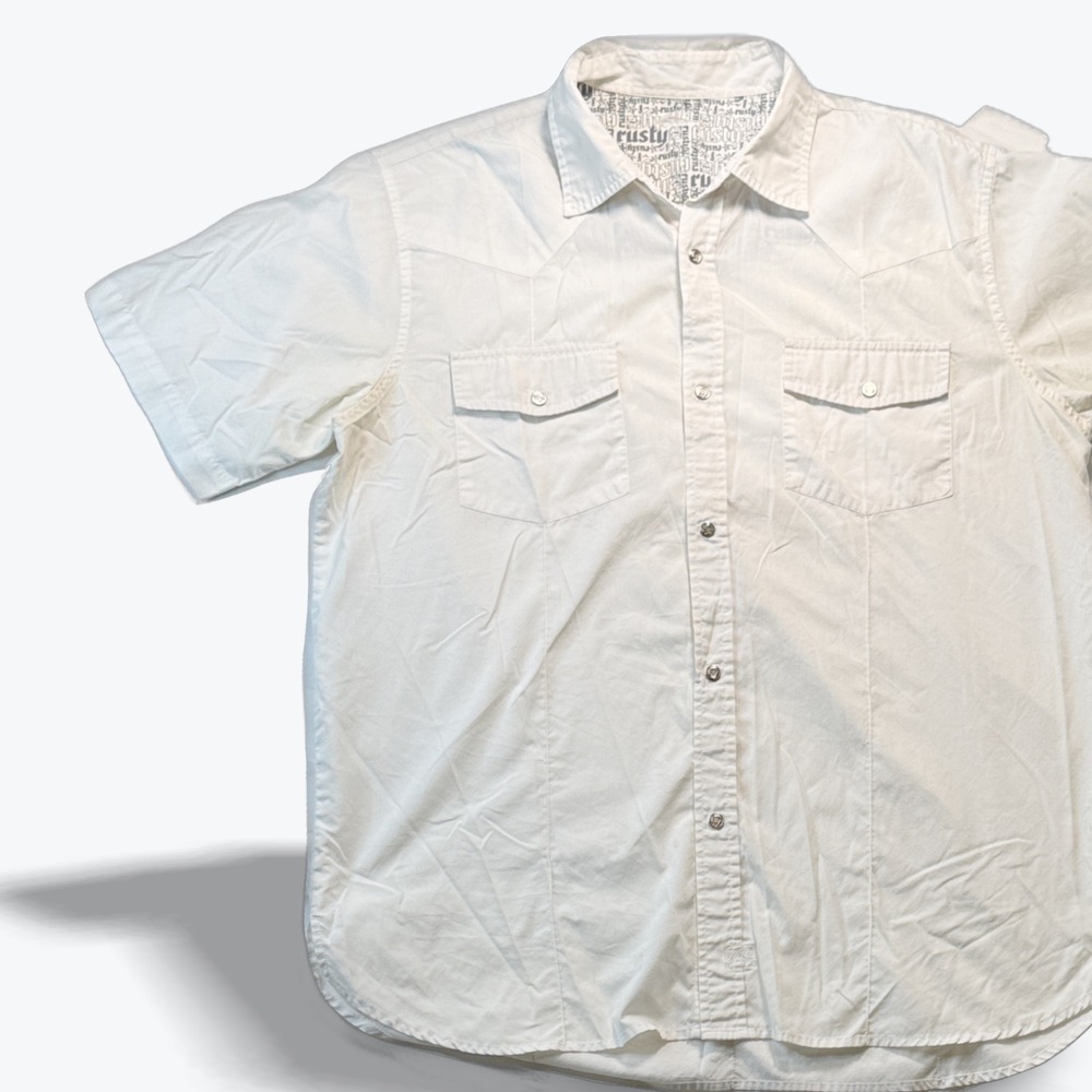 Rusty Mens Short Sleeve Western Button Down Shirt White Horseshoe Buttons Large